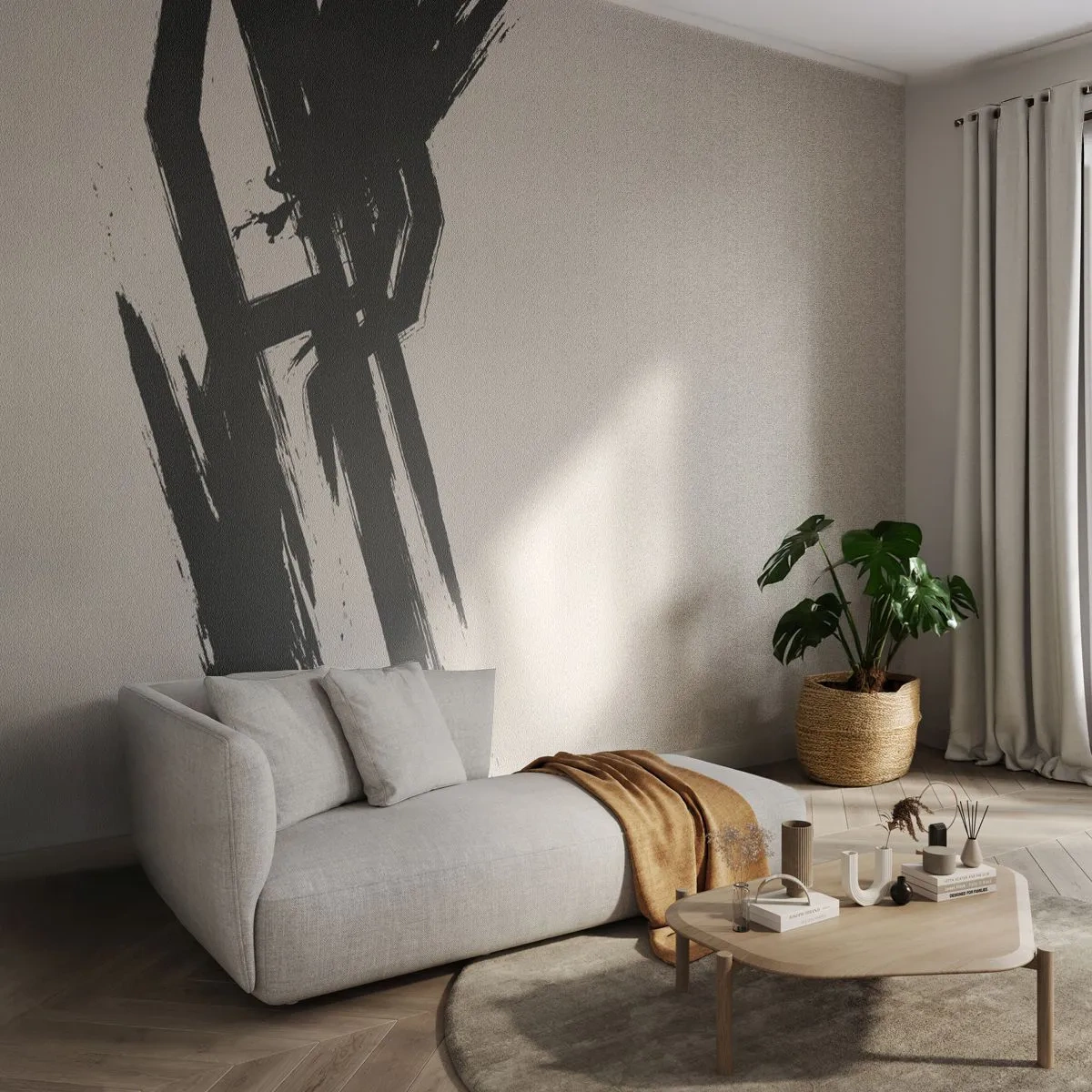 Fototapete Premium Sand - Dynamischer schwarzer Pinsel auf beigem Hintergrund - 100x70cm - Unaufhaltsamer Trieb - Moderne Wanddekoration für Wohnzimmer und Schlafzimmer ARTTOR