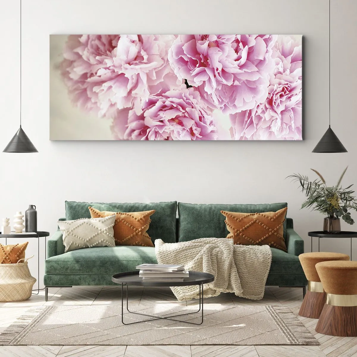 Bild auf Leinwand - Leinwandbild - Ein Strauß rosa Pfingstrosen auf hellem Hintergrund - 140x50cm - In rosa Glamour - Moderne Wanddekoration für Wohnzimmer und Schlafzimmer ARTTOR