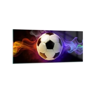 Glasbild - Bild auf glas - Ein Fußball, umgeben von bunten Raucheffekten auf dunklem Hintergrund. - 120x50cm - Die magische Kraft des Spiels - Moderne Wanddekoration für Wohnzimmer und Schlafzimmer ARTTOR