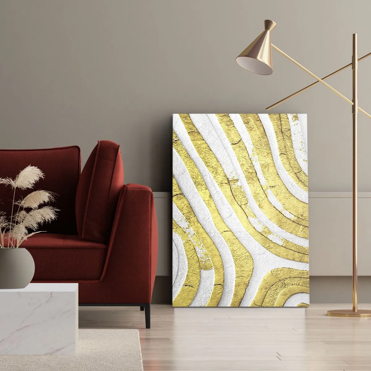 Bild auf Leinwand - Leinwandbild - Komposition in Weiß und Gold - 45x80 cm