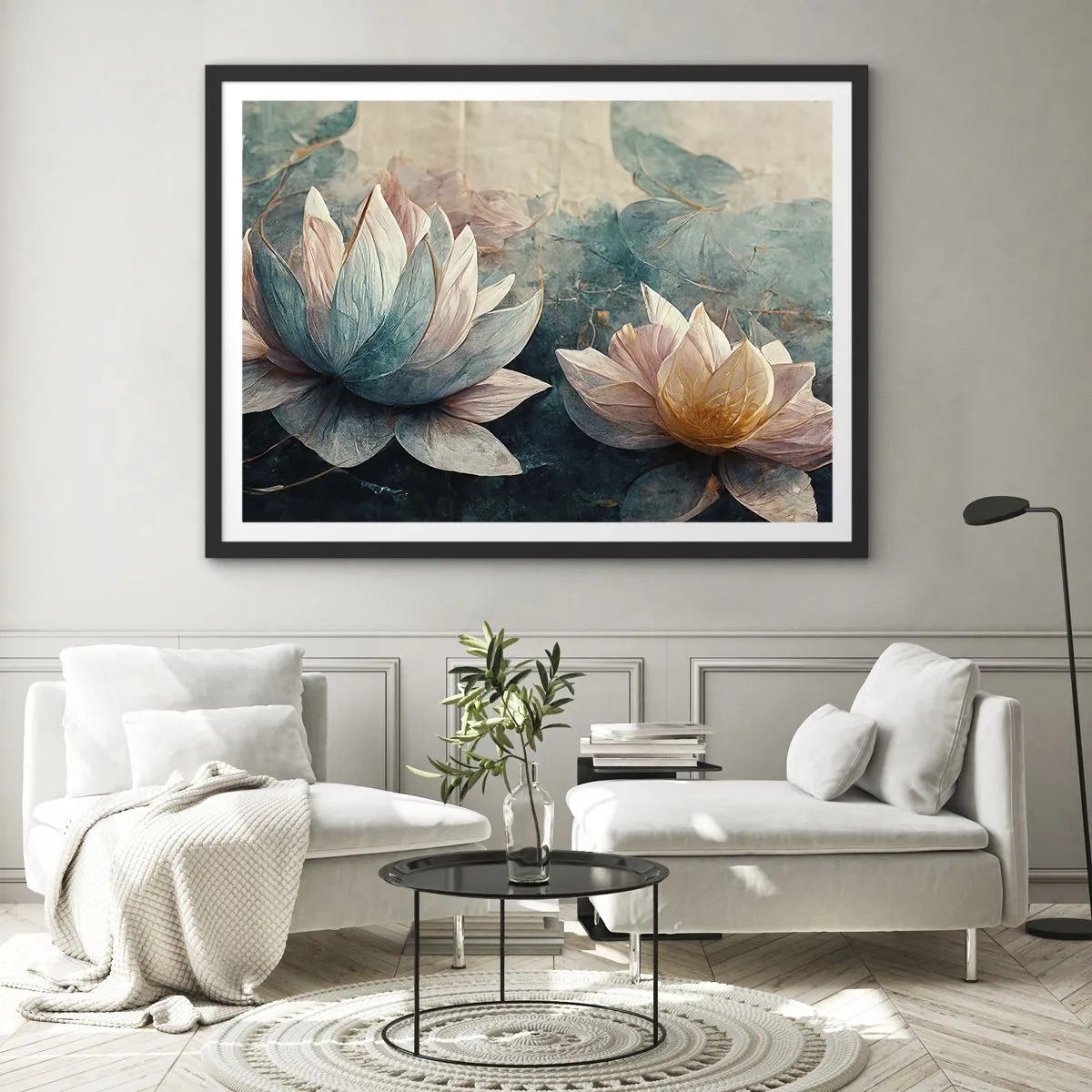 Poster in einem schwarzem Rahmen - Dezente Seerosen in Pastelltönen von Blau und Gold - 100x70cm - Seesterne - Moderne Wanddekoration für Wohnzimmer und Schlafzimmer ARTTOR