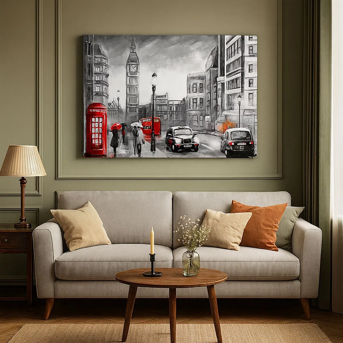 Bild auf Leinwand - Leinwandbild - Eine Londoner Szene in Schwarzweiß mit roten Akzenten - 70x50cm - Gar keine graue Stadt - Moderne Wanddekoration für Wohnzimmer und Schlafzimmer ARTTOR