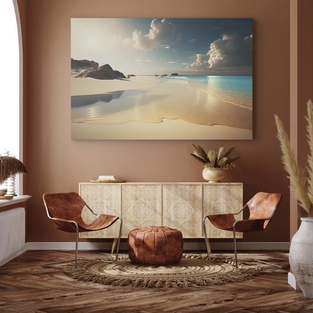 Bild auf Leinwand - Leinwandbild - Ein sonniger Strand mit blauem Meer und Felsen - 70x50cm - Erträumter Tag - Moderne Wanddekoration für Wohnzimmer und Schlafzimmer ARTTOR