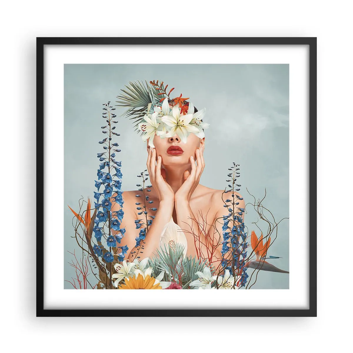Poster in einem schwarzem Rahmen - Frau - Blume - 50x50 cm