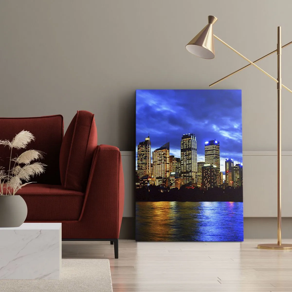 Bild auf Leinwand - Leinwandbild - Panorama der nächtlichen Stadt mit beleuchteten Wolkenkratzern über dem Wasser - 50x70cm - Eine Nacht der Lichter und Farben - Moderne Wanddekoration für Wohnzimmer und Schlafzimmer ARTTOR