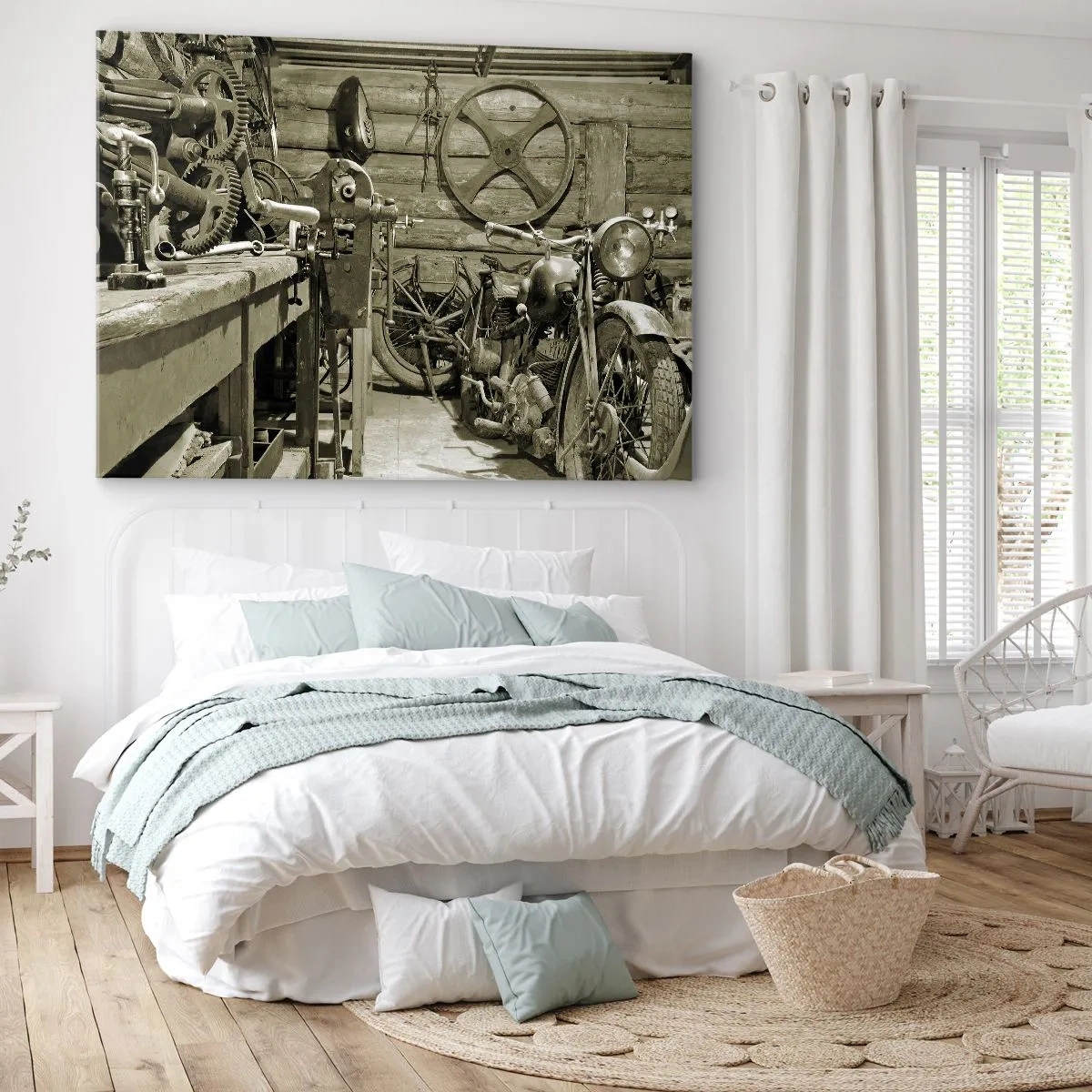Bild auf Leinwand - Leinwandbild - Retro-Werkstatt mit Motorrädern und Werkzeug - 70x50cm - Im Schuppen von Onkel Władek - Moderne Wanddekoration für Wohnzimmer und Schlafzimmer ARTTOR