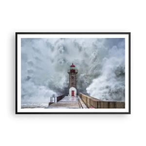 Poster in einem schwarzem Rahmen - Ein Leuchtturm, umgeben von rauen Wellen - 100x70cm - Das Rauschen des Wassers, der Lärm wird wehen - Moderne Wanddekoration für Wohnzimmer und Schlafzimmer ARTTOR