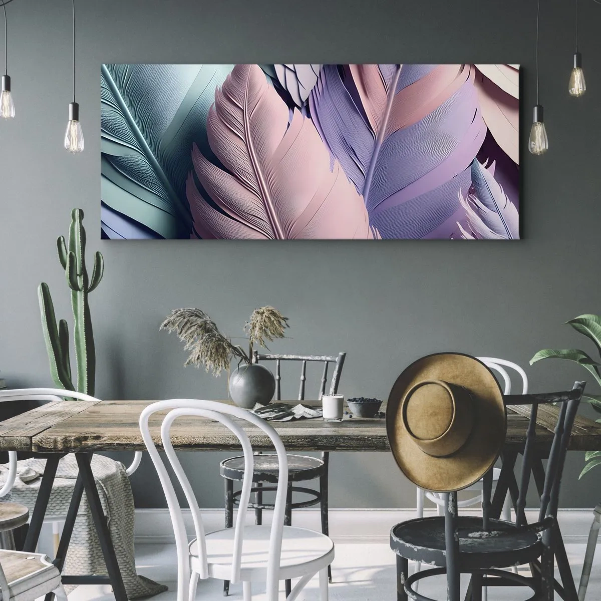 Bild auf Leinwand - Leinwandbild - Bunte Federn in Pastelltönen auf hellem Hintergrund - 120x50cm - Vogel-Chic - Moderne Wanddekoration für Wohnzimmer und Schlafzimmer ARTTOR