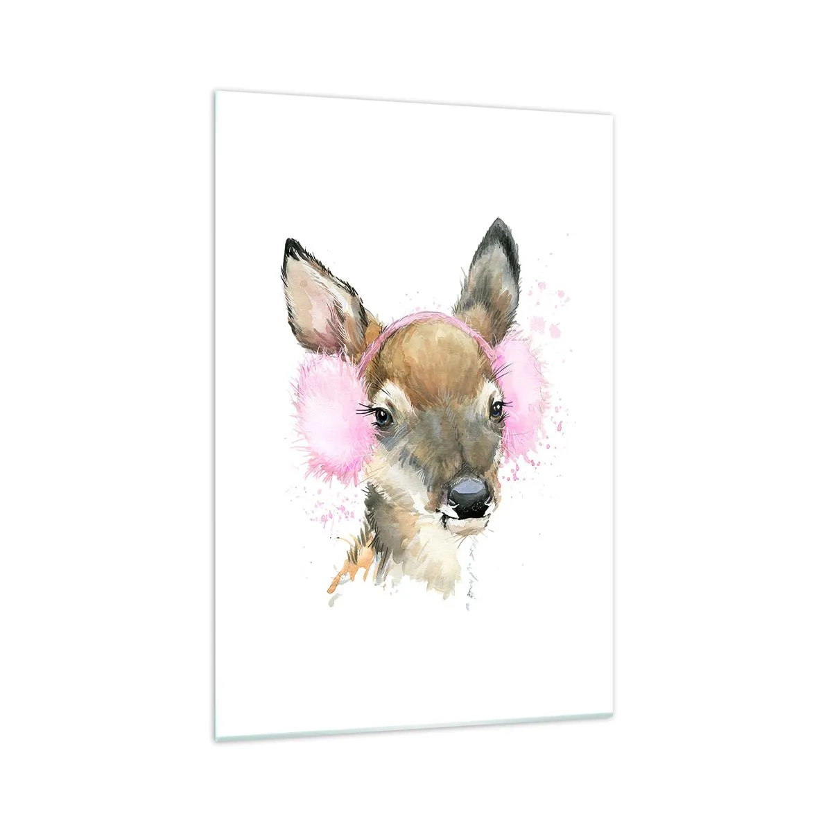 Glasbild - Bild auf glas - Aquarell Hirsch in rosa Ohrenschützern - 70x100cm - Und der Frost ist nicht mehr schrecklich - Moderne Wanddekoration für Wohnzimmer und Schlafzimmer ARTTOR