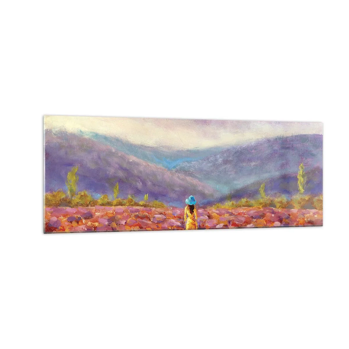 Glasbild - Bild auf glas - Eine Frau mit Hut geht durch ein Lavendelfeld. - 140x50cm - In einer Lavendelwelt - Moderne Wanddekoration für Wohnzimmer und Schlafzimmer ARTTOR