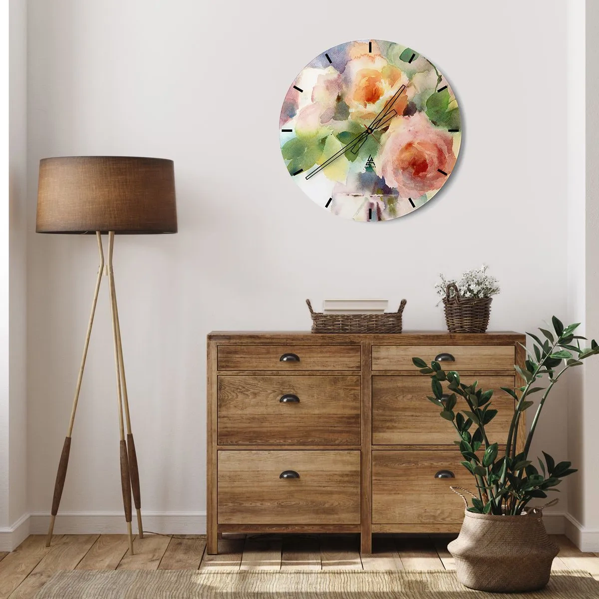 Wanduhr - Glasuhr - Aquarellrosen in Pastelltönen - 30x30cm - Zart wie Aquarell - Moderne Wanddekoration für Wohnzimmer, Küche und Schlafzimmer ARTTOR