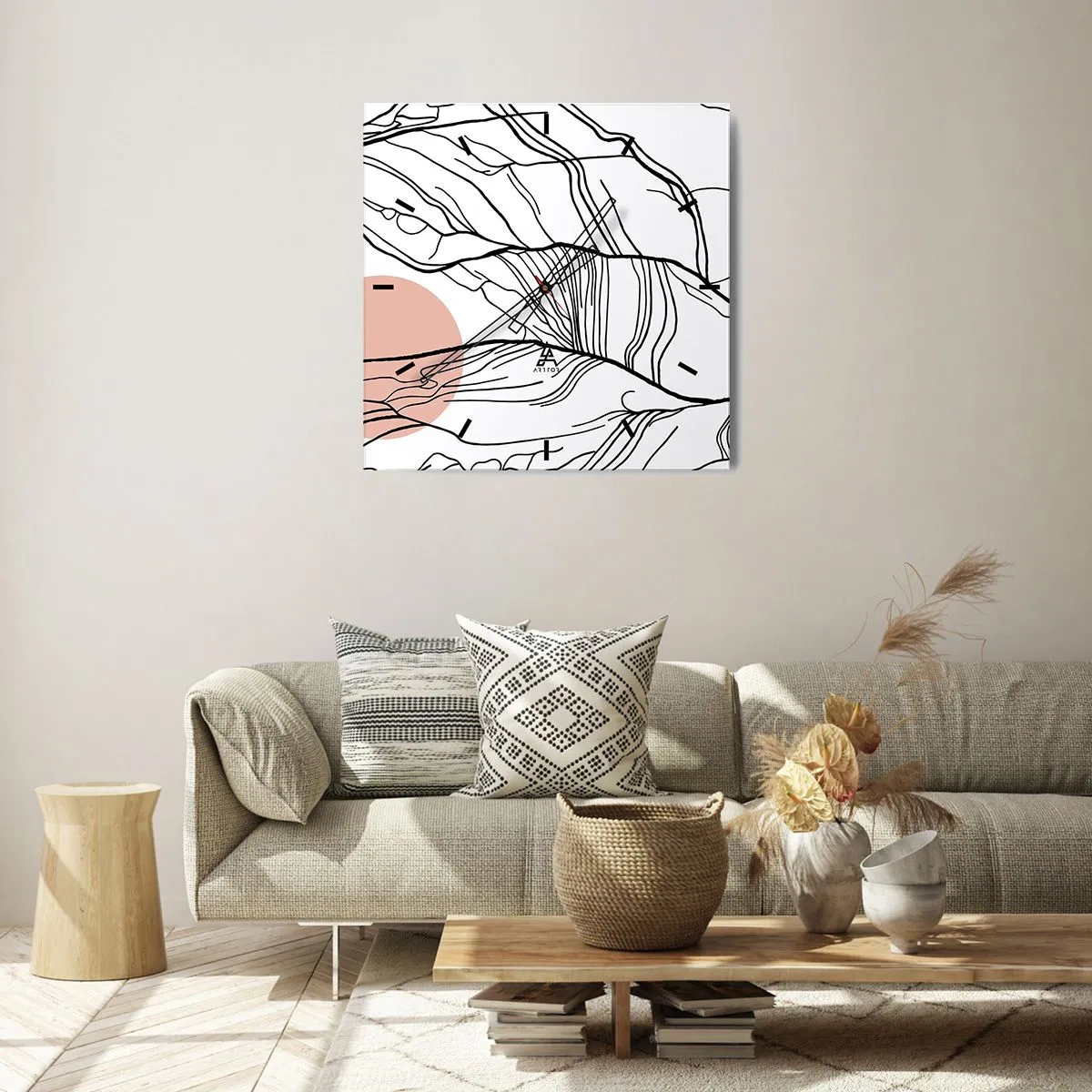 Wanduhr - Glasuhr - Minimalistische Linien mit geometrischem Akzent - 30x30cm - In einem Netz aus Zweigen - Moderne Wanddekoration für Wohnzimmer und Schlafzimmer ARTTOR