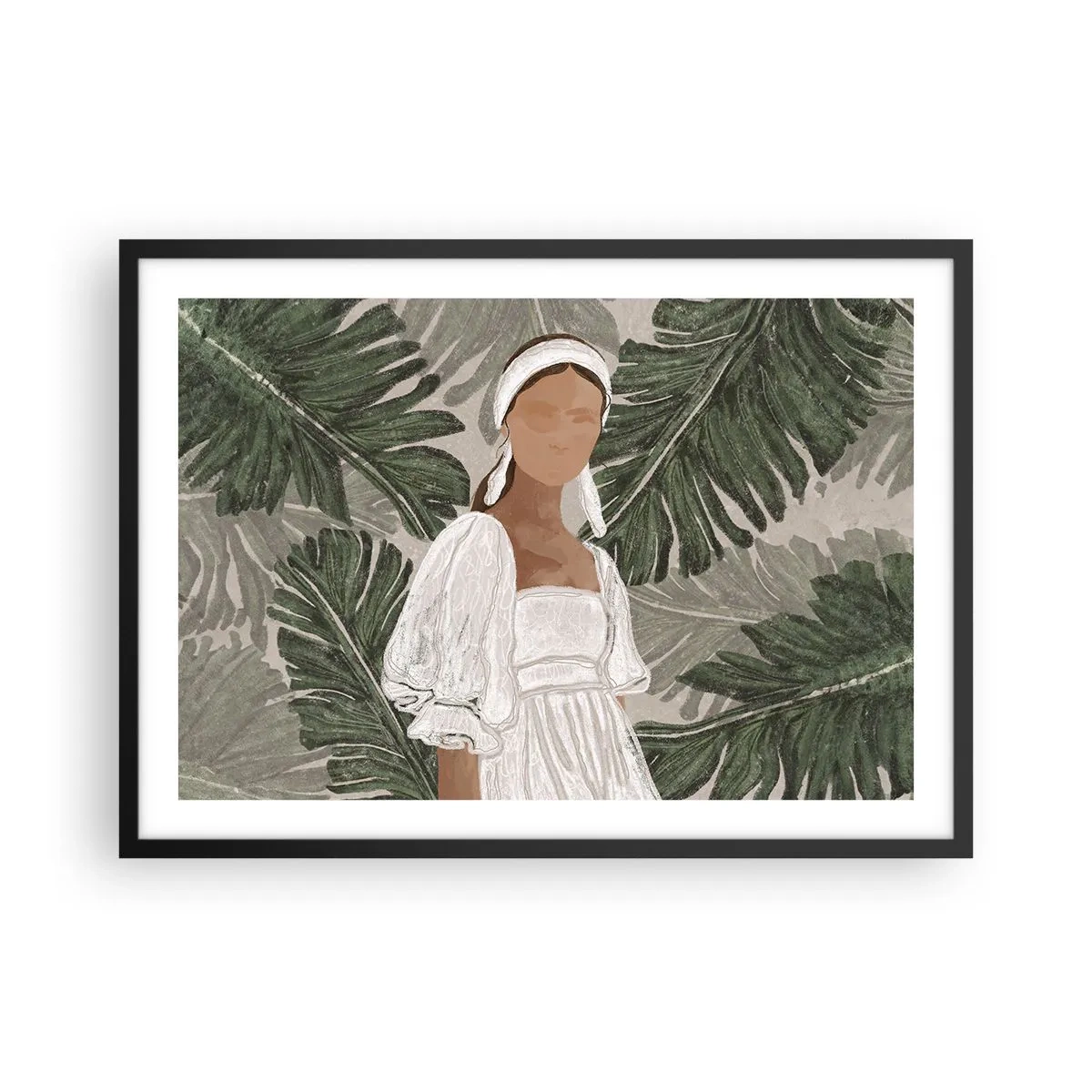 Poster in einem schwarzem Rahmen - Porträt einer Frau in einem weißen Kleid vor einem Hintergrund aus Monstera-Blättern - 70x50cm - Exotisches Porträt - Moderne Wanddekoration für Wohnzimmer und Schlafzimmer ARTTOR