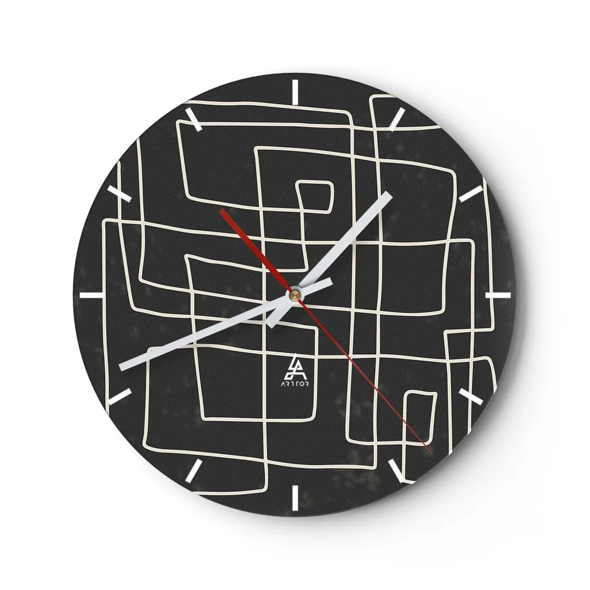 Wanduhr - Glasuhr - Weiße geometrische Linien bilden ein kompliziertes Gitter auf schwarzem Hintergrund. - 30x30cm - Nicht so einfach - Moderne Wanddekoration für Wohnzimmer, Küche und Schlafzimmer ARTTOR