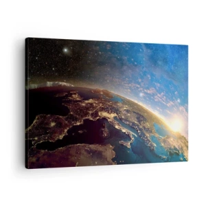 Bild auf Leinwand - Leinwandbild - Blick auf die Erde aus dem Weltraum bei Sonnenaufgang - 70x50cm - Schauen wir uns aus der Ferne an - Moderne Wanddekoration für Wohnzimmer und Schlafzimmer ARTTOR