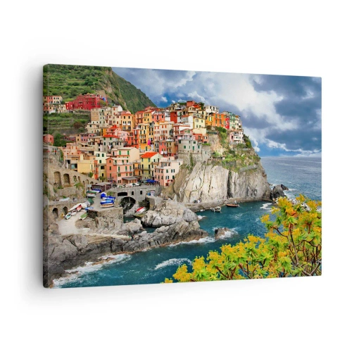 Bild auf Leinwand - Leinwandbild - Bunte Häuser auf einer Klippe mit Blick auf das Meer in Cinque Terre - 70x50cm - Eine Gruppe umarmt die Felsen - Moderne Wanddekoration für Wohnzimmer und Schlafzimmer ARTTOR