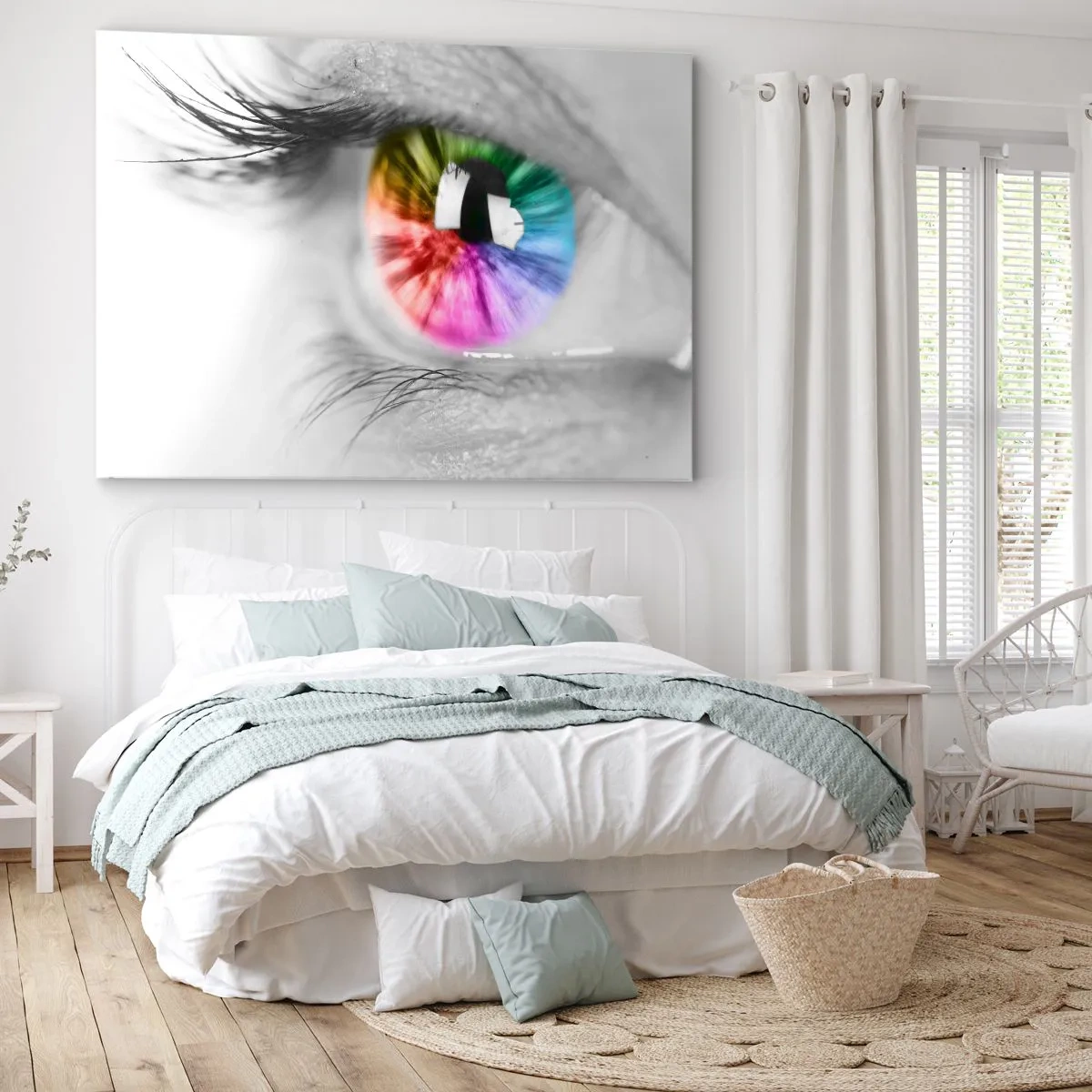 Bild auf Leinwand - Leinwandbild - Künstlerische Aufnahme eines Auges mit einer Regenbogeniris auf grauem Hintergrund - 70x50cm - Schau dir die Welt in Farbe an - Moderne Wanddekoration für Wohnzimmer und Schlafzimmer ARTTOR