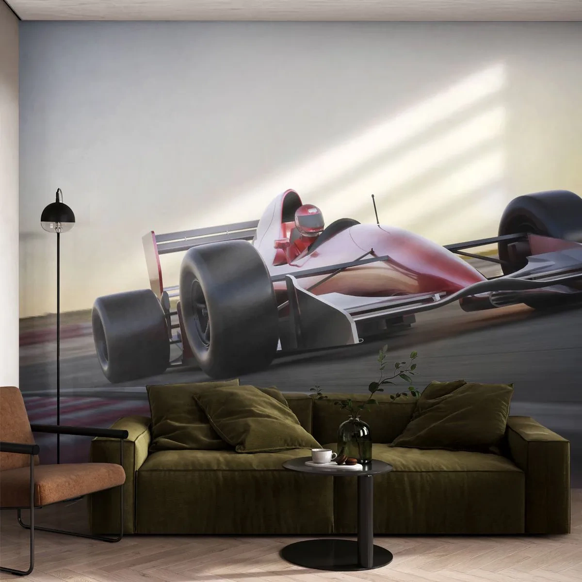 Fototapete Premium Sand - Ein Rennwagen auf einer Strecke in dynamischer Bewegung - 100x70cm - Immer der Gewinner - Moderne Wanddekoration für Wohnzimmer und Schlafzimmer ARTTOR