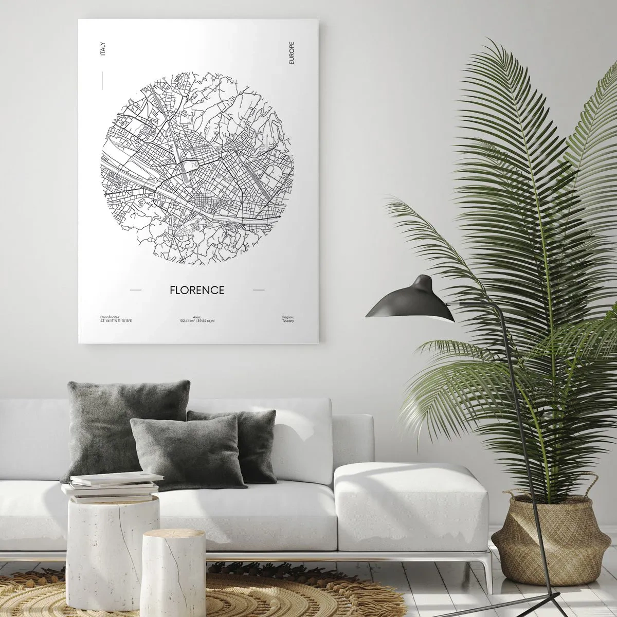 Glasbild - Bild auf glas - Florenz in Form einer stilisierten Karte mit einem Straßennetz - 50x70cm - Anatomie von Florenz - Moderne Wanddekoration für Wohnzimmer und Schlafzimmer ARTTOR