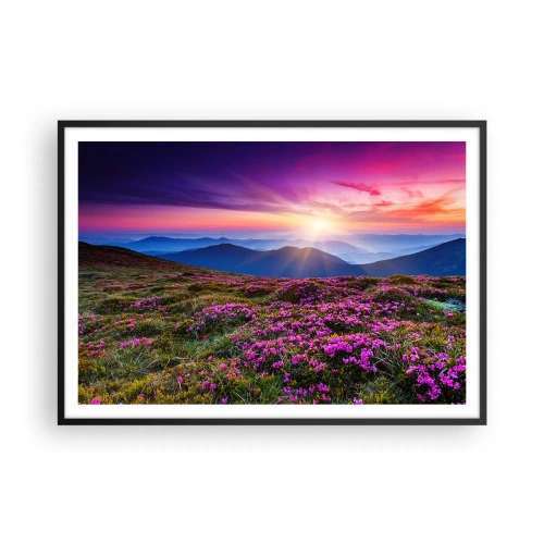 Poster in einem schwarzem Rahmen - Bergwiese mit Blumen bei Sonnenuntergang - 100x70cm - Kräuter dufteten nach frischen Trauben von den Feldern - Moderne Wanddekoration für Wohnzimmer und Schlafzimmer ARTTOR