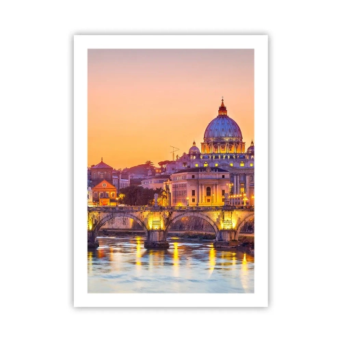 Poster - Sonnenuntergang über der Brücke und der Basilika mit Lichtern in Rom - 50x70cm - Sonnenuntergang über der ewigen Stadt - Moderne Wanddekoration für Wohnzimmer und Schlafzimmer ARTTOR
