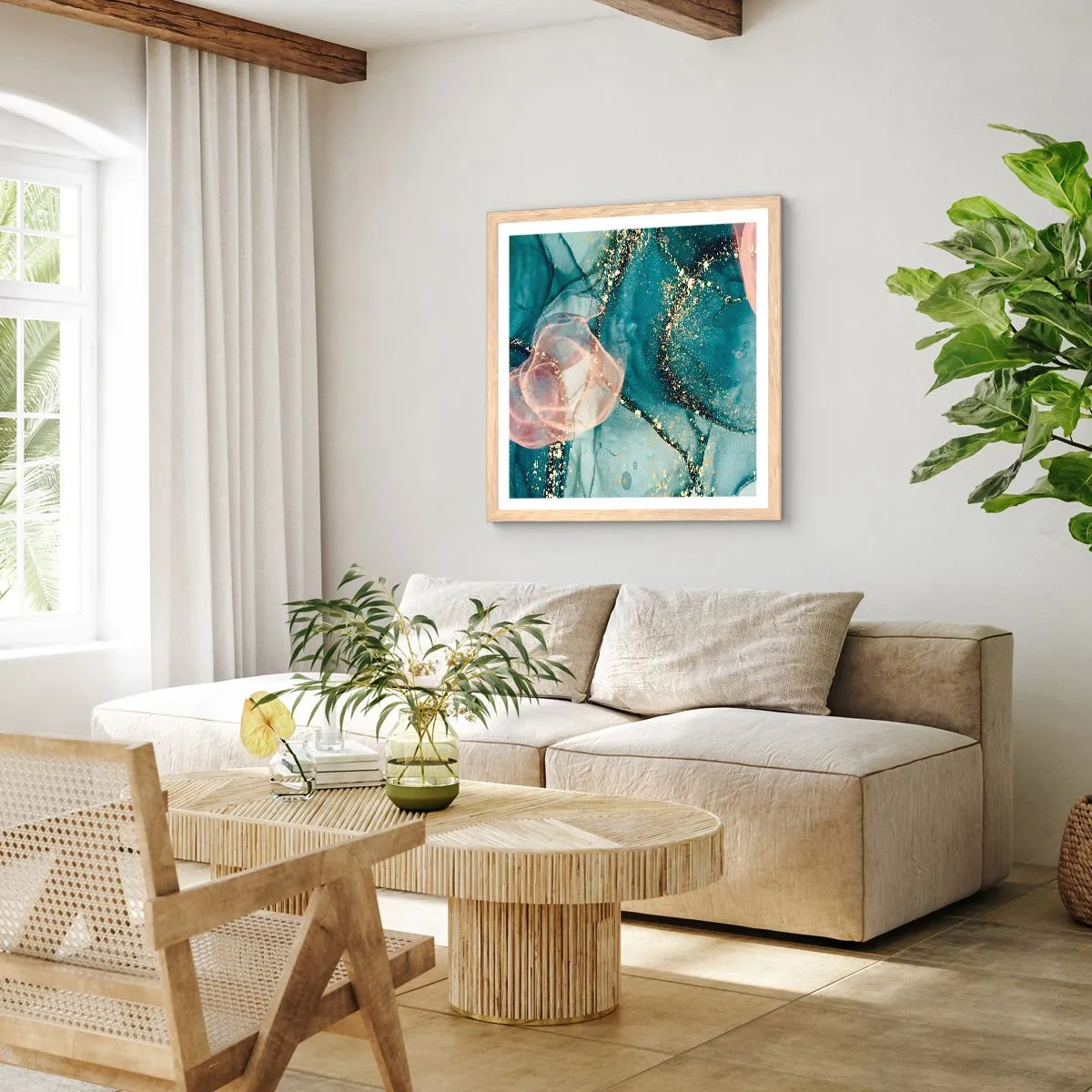 Poster in einem Rahmen aus heller Eiche - Seidenblau, Tüllrosa - 30x30 cm