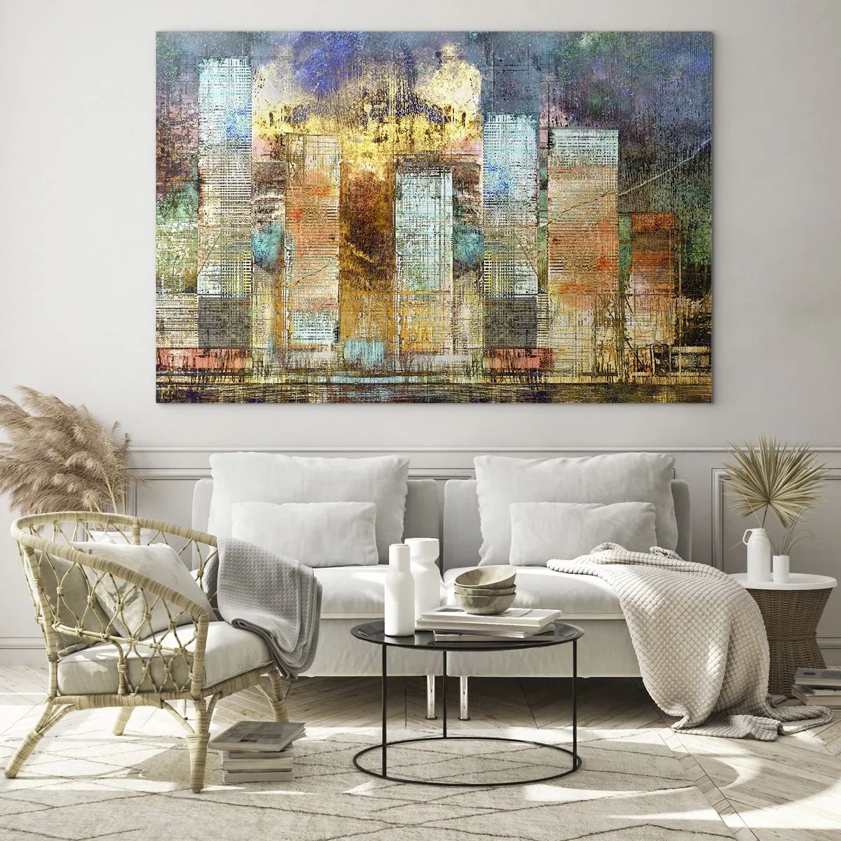 Glasbild - Bild auf glas - Farbenfrohes abstraktes Panorama der Wolkenkratzer der Stadt im künstlerischen Stil - 100x70cm - Sonnige Metropole - Moderne Wanddekoration für Wohnzimmer und Schlafzimmer ARTTOR