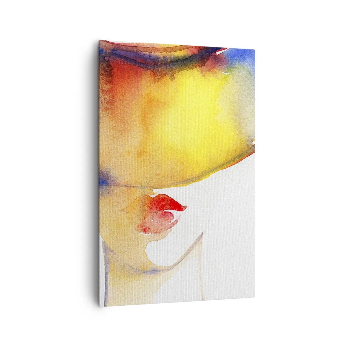 Bild auf Leinwand - Leinwandbild - Ein minimalistisches Aquarellgemälde des Profils einer Frau mit einem bunten Hut. - 80x120cm - Bildnis einer Dame - Moderne Wanddekoration für Wohnzimmer und Schlafzimmer ARTTOR