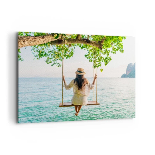 Bild auf Leinwand - Leinwandbild - Frau auf einer Schaukel am Meer in einer tropischen Landschaft - 100x70cm - Das Leben ist wunderschön - Moderne Wanddekoration für Wohnzimmer und Schlafzimmer ARTTOR