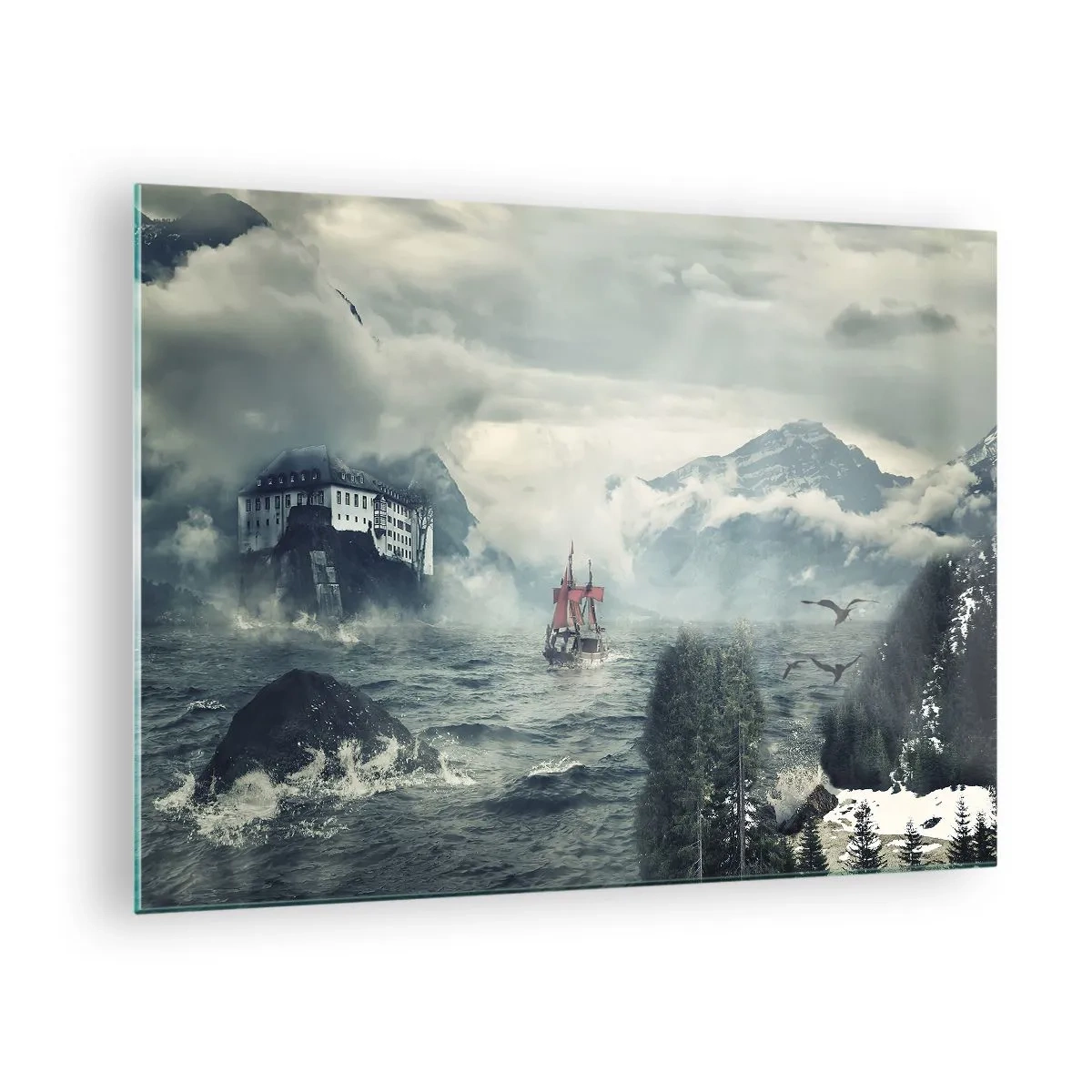 Glasbild - Bild auf glas - Ein Schiff auf stürmischer See mit einer Burg im Hintergrund - 70x50cm - In magischen Gewässern - Moderne Wanddekoration für Wohnzimmer und Schlafzimmer ARTTOR