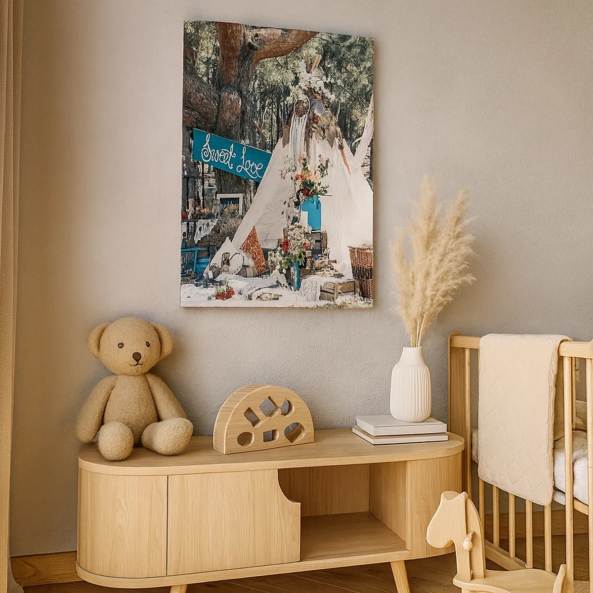 Bild auf Leinwand - Leinwandbild - Boho-Dekoration mit einem Tipi im Wald - 50x70cm - Liebe machen ... - Moderne Wanddekoration für Wohnzimmer und Schlafzimmer ARTTOR