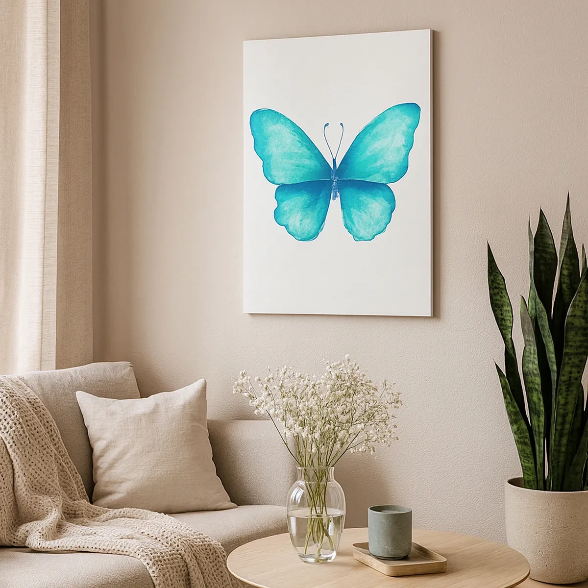 Bild auf Leinwand - Leinwandbild - Blauer Schmetterling im Aquarellstil auf weißem Hintergrund - 50x70cm - Türkis von Natur aus - Moderne Wanddekoration für Wohnzimmer und Schlafzimmer ARTTOR