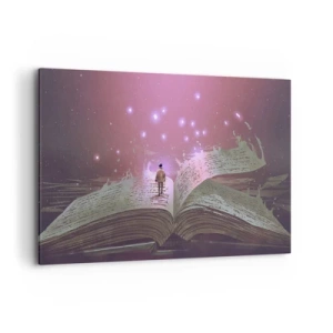 Bild auf Leinwand - Leinwandbild - Eine Figur tritt in einem magischen Licht auf ein offenes Buch. - 100x70cm - Einladung in eine andere Welt - lesen Sie! - Moderne Wanddekoration für Wohnzimmer und Schlafzimmer ARTTOR