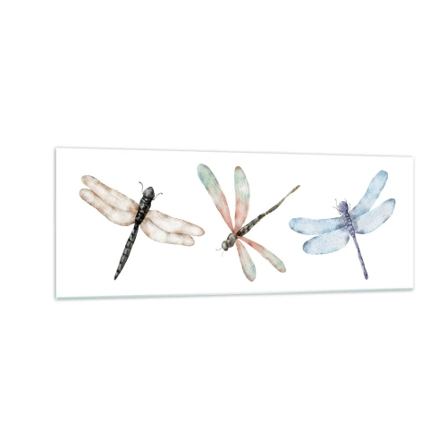 Glasbild - Bild auf glas - Drei Libellen in zarten Pastellfarben - 140x50cm - Schwerelose Libellen - Moderne Wanddekoration für Wohnzimmer und Schlafzimmer ARTTOR
