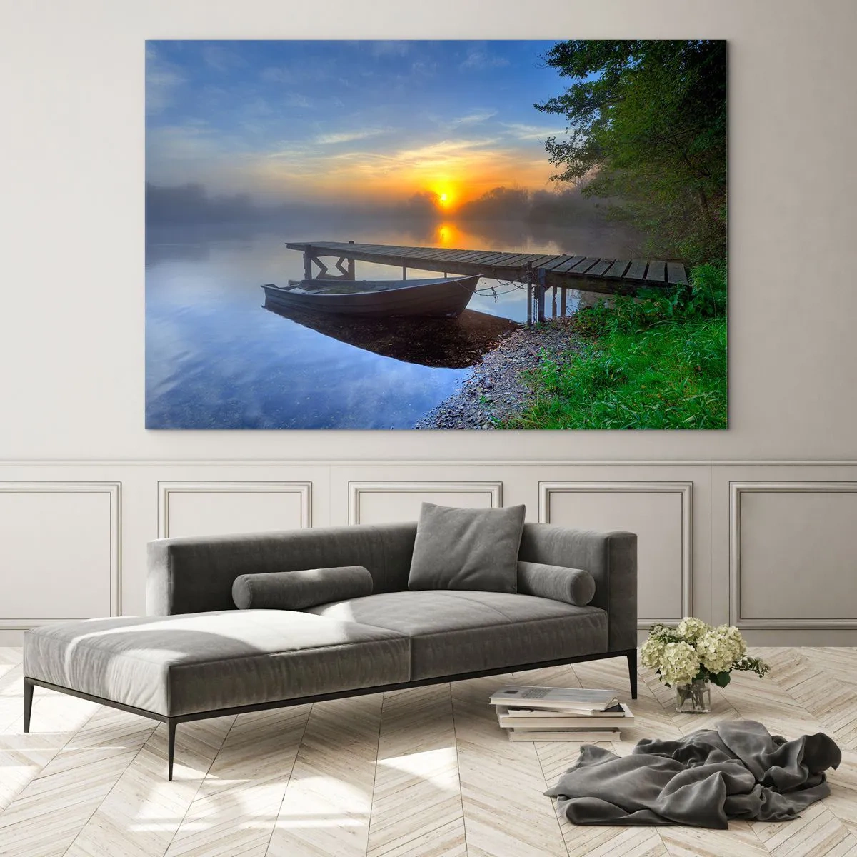 Glasbild - Bild auf glas - Ein Boot am Pier bei Sonnenaufgang auf dem See - 100x70cm - Wie aus Gewöhnlichem Magie wird - Moderne Wanddekoration für Wohnzimmer und Schlafzimmer ARTTOR