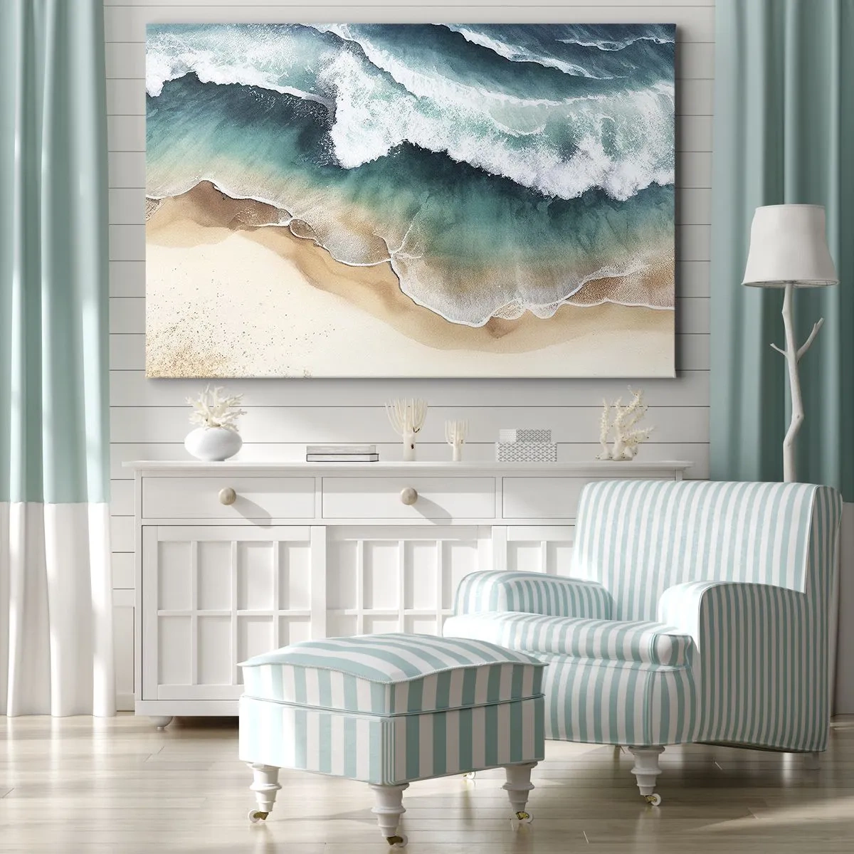 Bild auf Leinwand - Leinwandbild - Blick auf den Strand und die Meereswellen in Türkistönen - 120x80cm - Das ewige Treffen - Moderne Wanddekoration für Wohnzimmer und Schlafzimmer ARTTOR
