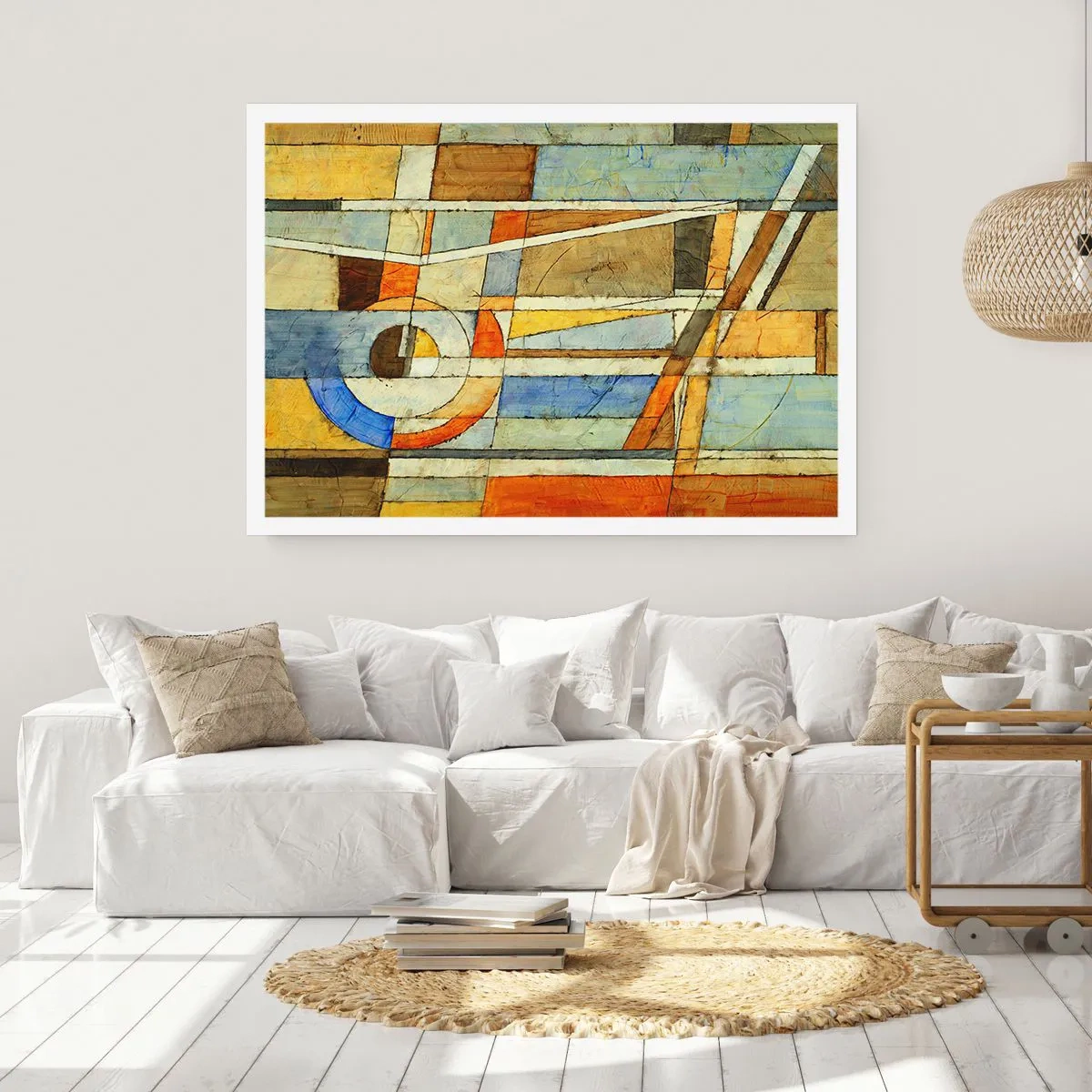 Poster - Geometrische Abstraktion in Beige-, Blau- und Orangetönen - 100x70cm - Kubismus auf der Baustelle - Moderne Wanddekoration für Wohnzimmer und Schlafzimmer ARTTOR