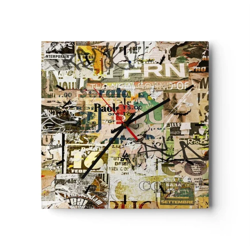 Wanduhr - Glasuhr - Eine Collage aus Zeitungs- und Plakatfragmenten im künstlerischen Stil. - 30x30cm - Ach, es passiert... - Moderne Wanddekoration für Wohnzimmer und Schlafzimmer ARTTOR