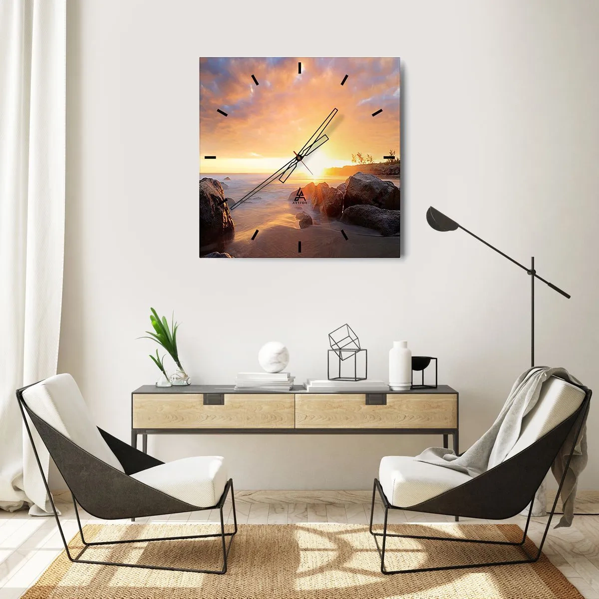 Wanduhr - Glasuhr - Sonnenuntergang über der felsigen Küste - 30x30cm - Leuchtende Brise des Abends - Moderne Wanddekoration für Wohnzimmer und Schlafzimmer ARTTOR