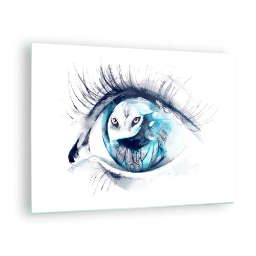 Glasbild - Bild auf glas - Ein Frauenauge mit Eulenmotiv im Aquarellstil - 70x50cm - Auge in Auge mit Wildheit - Moderne Wanddekoration für Wohnzimmer und Schlafzimmer ARTTOR