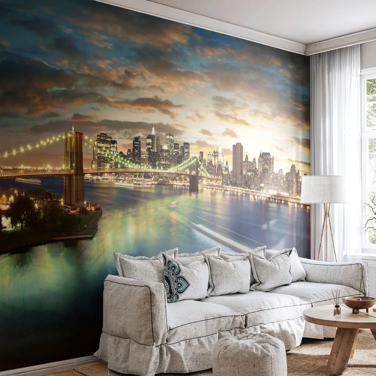 Fototapete Premium Sand - Ein heller Abend über Manhattan - Stadt, Brücke, New York - 100x70 cm