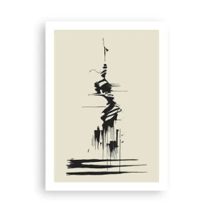 Poster - Eine abstrakte Zeichnung einer Figur vor einem wellenförmigen Linienhintergrund. - 50x70cm - Hastige Abstraktion - Moderne Wanddekoration für Wohnzimmer und Schlafzimmer ARTTOR