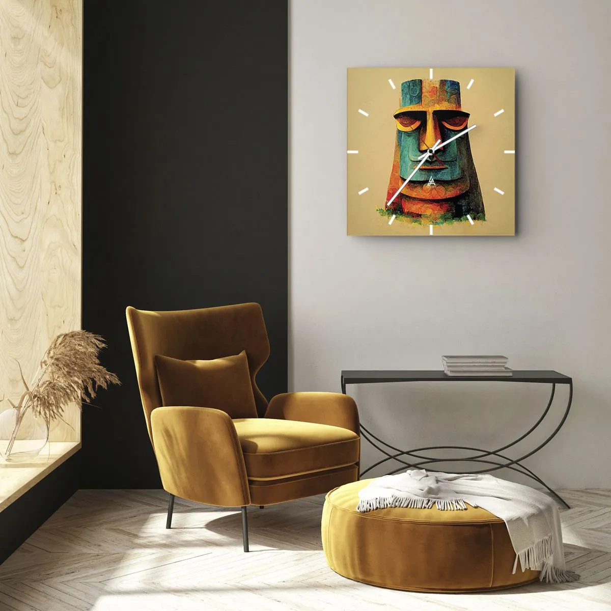 Wanduhr - Glasuhr - Bunte Statue von der Osterinsel - 30x30cm - Statuenhaft und sympathisch - Moderne Wanddekoration für Wohnzimmer und Schlafzimmer ARTTOR