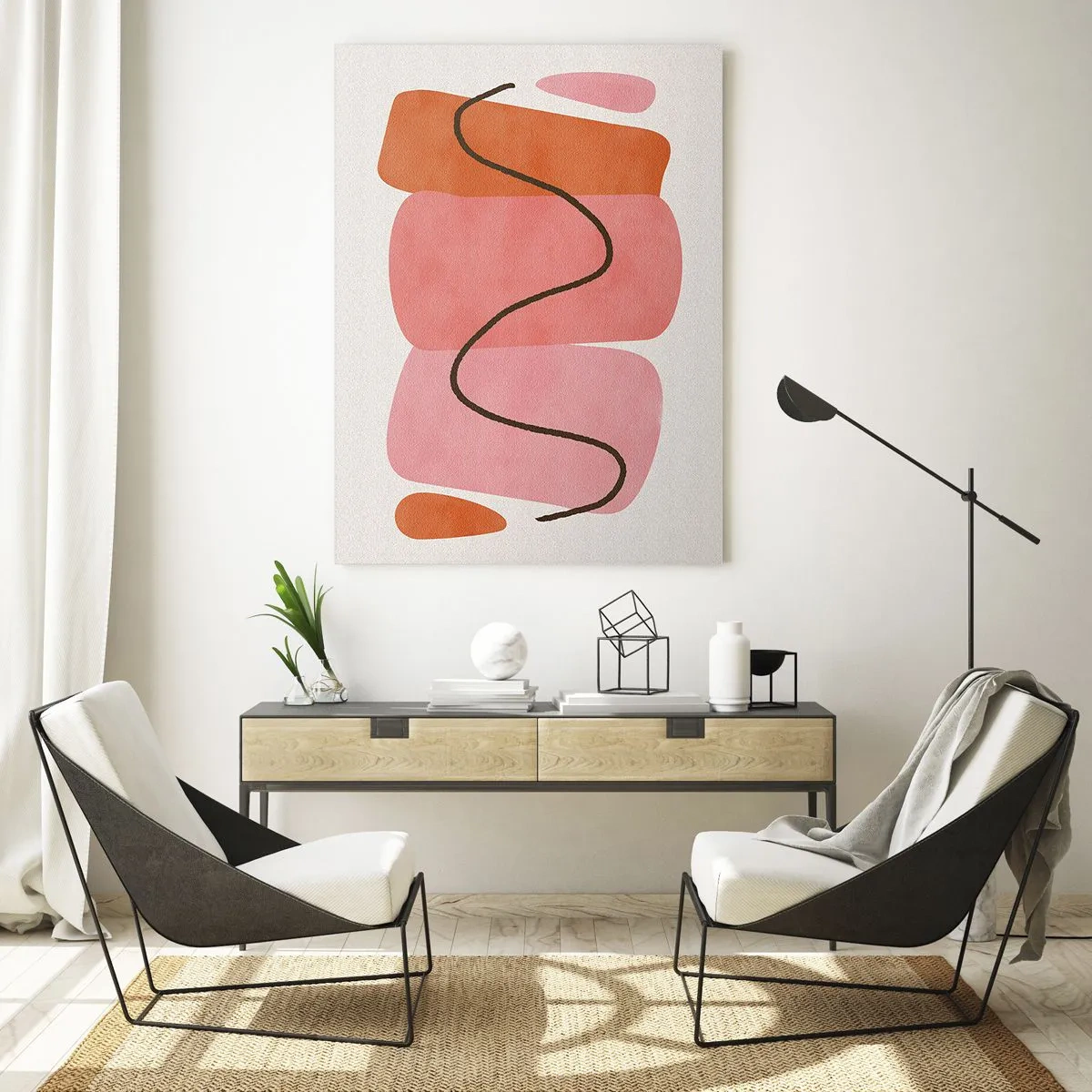 Glasbild - Bild auf glas - Abstrakte Formen in Pink und Orange mit einer schwarzen Linie - 50x70cm - Sanfte Bewegung der Formen - Moderne Wanddekoration für Wohnzimmer und Schlafzimmer ARTTOR