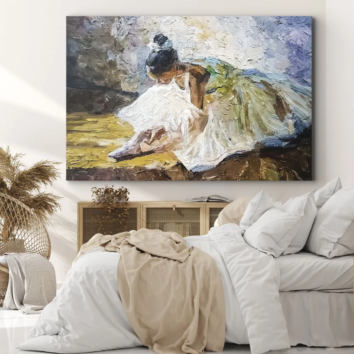 Bild auf Leinwand - Leinwandbild - Eine Ballerina in einem weißen Kleid im malerischen Stil vor einem impressionistischen Hintergrund. - 70x50cm - Aus einem Gemälde von Degas - Moderne Wanddekoration für Wohnzimmer und Schlafzimmer ARTTOR