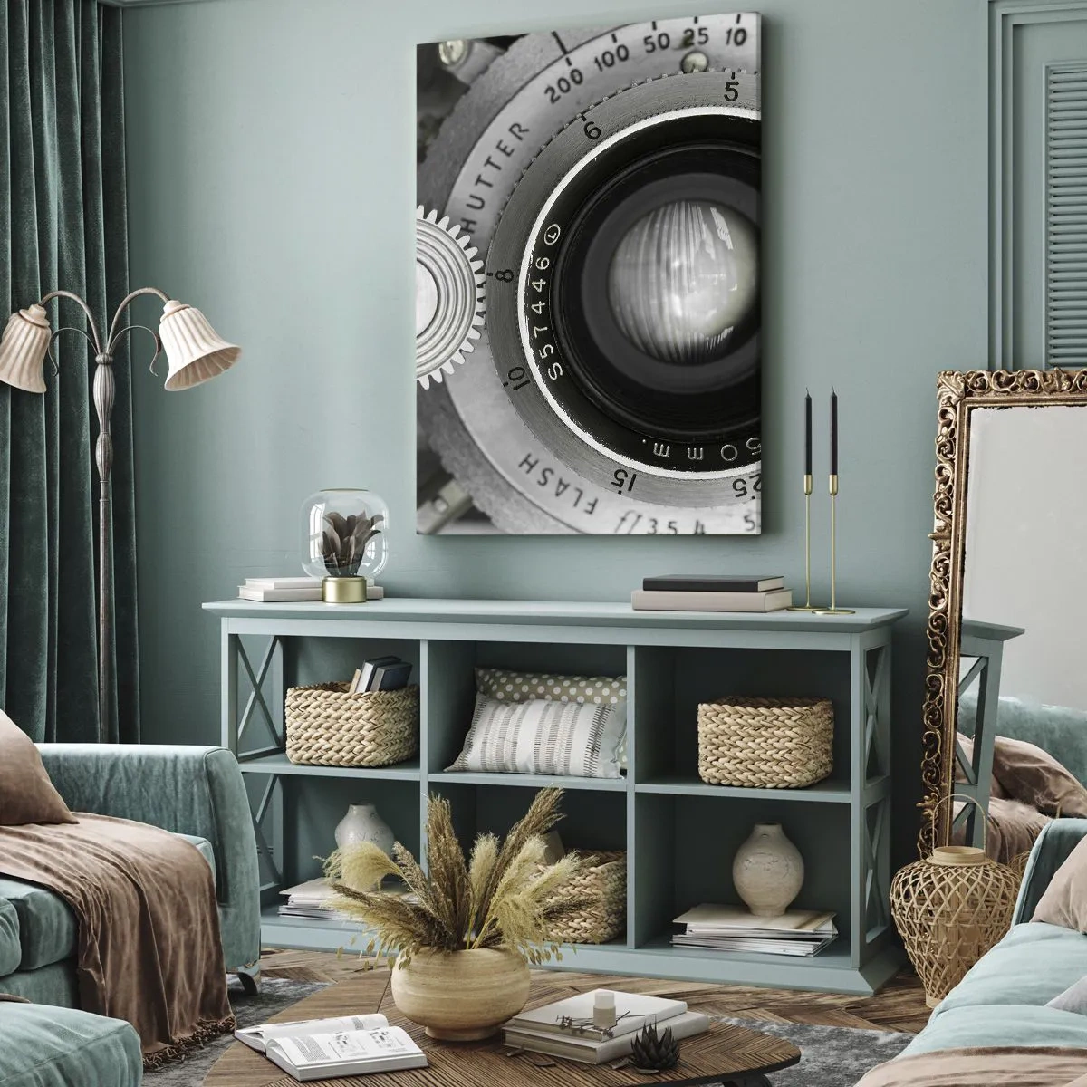 Bild auf Leinwand - Leinwandbild - Das Objektiv einer alten Kamera - 80x120cm - Eine Story über Hollywood - Moderne Wanddekoration für Wohnzimmer und Schlafzimmer ARTTOR