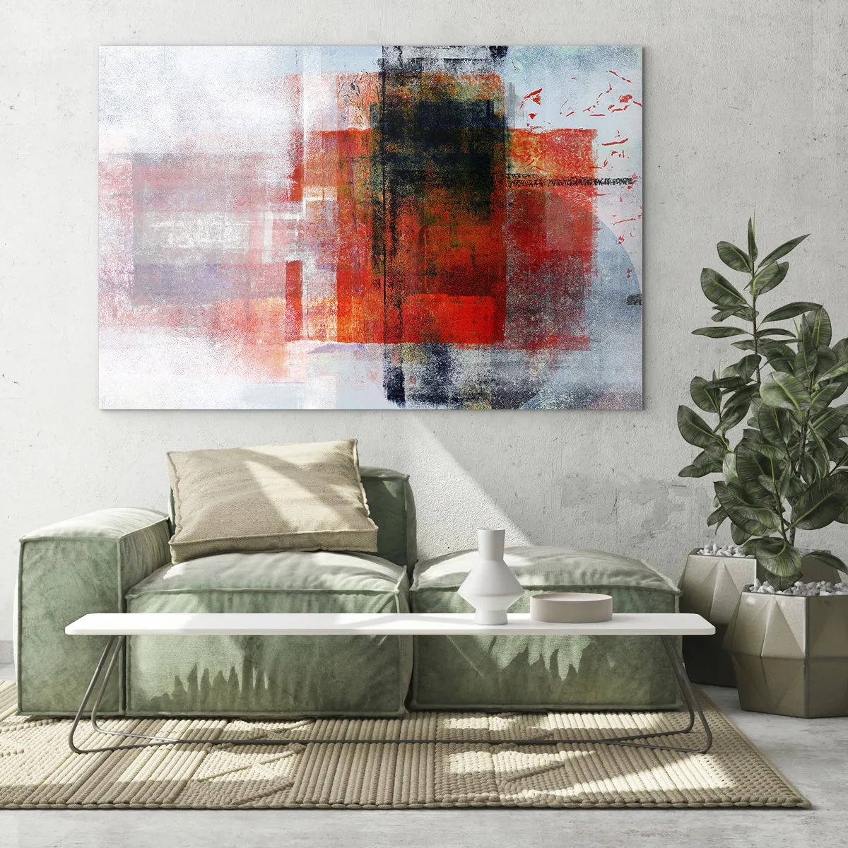 Glasbild - Bild auf glas - Geometrische Abstraktion in intensiven Rot- und Schwarztönen. - 70x50cm - Komposition leuchtet - Moderne Wanddekoration für Wohnzimmer und Schlafzimmer ARTTOR