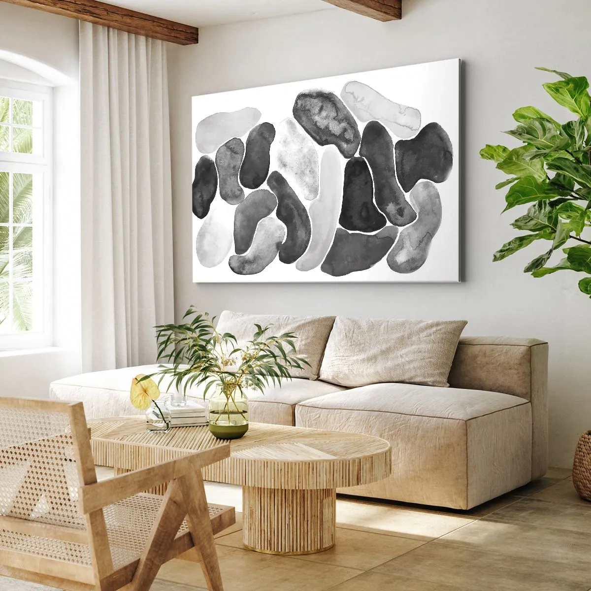 Bild auf Leinwand - Leinwandbild - Schwarz-weiße Abstraktion mit unregelmäßigen Flecken auf weißem Hintergrund - 70x50cm - Felsige Abstraktion - Moderne Wanddekoration für Wohnzimmer und Schlafzimmer ARTTOR