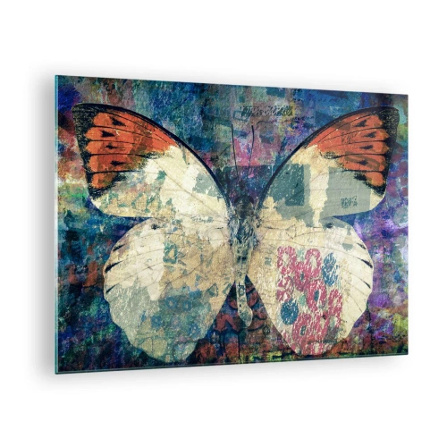 Glasbild - Bild auf glas - Ein bunter Schmetterling auf einem abstrakten Hintergrund in Blau- und Orangetönen. - 70x50cm - Subtile Zerbrechlichkeit - Moderne Wanddekoration für Wohnzimmer und Schlafzimmer ARTTOR