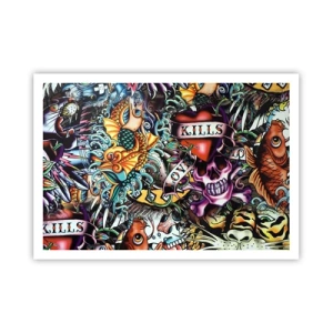 Poster - Farbenfrohe Kunstwerke im Tattoo-Stil mit Totenköpfen und nautischen Motiven - 100x70cm - Der Traum des Tätowierers - Moderne Wanddekoration für Wohnzimmer und Schlafzimmer ARTTOR